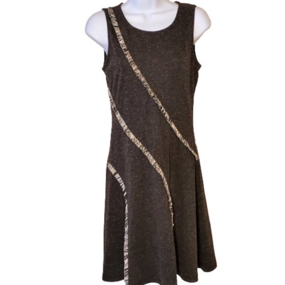 Hem & Thread Black Knit A-Line Dress Diagonal Fringe Detail Scoop Neck Size S